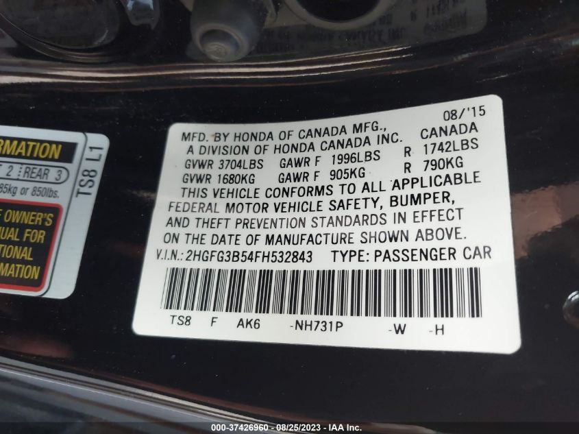 2015 HONDA CIVIC COUPE LX 2HGFG3B54FH532843