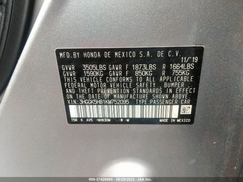 2019 HONDA FIT EX - 3HGGK5H81KM752095