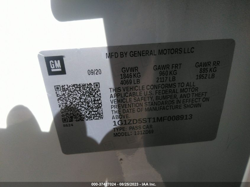 2021 CHEVROLET MALIBU LT - 1G1ZD5ST1MF008913