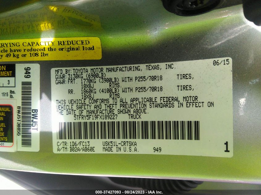 2015 TOYOTA TUNDRA 2WD TRUCK SR5/SR - 5TFRY5F19FX189227