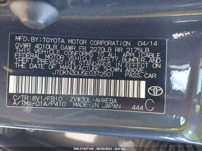2014 TOYOTA PRIUS FOUR/FIVE/THREE/ONE/TWO - JTDKN3DU5E0372501