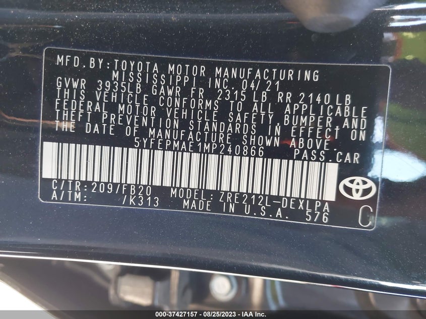 VIN 5YFEPMAE1MP240866 2021 TOYOTA COROLLA LE