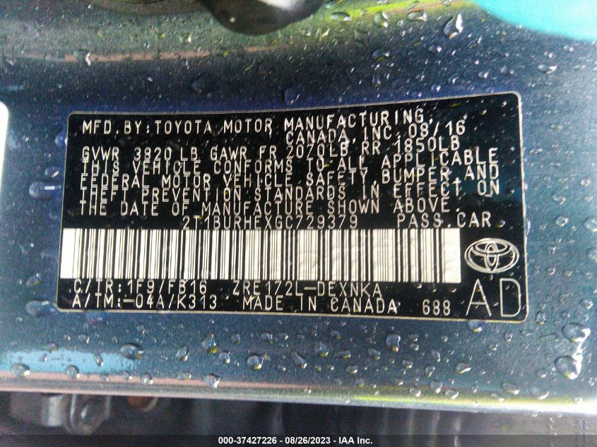 2016 TOYOTA COROLLA L/LE/LE PLS/PRM/S/S PLS - 2T1BURHEXGC729379