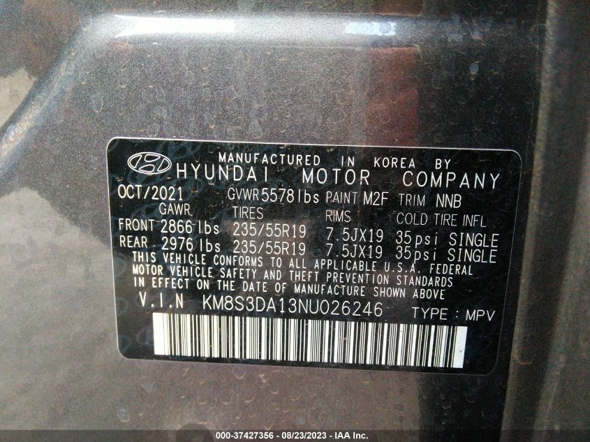 2022 HYUNDAI SANTA FE HYBRID SEL PREMIUM KM8S3DA13NU026246