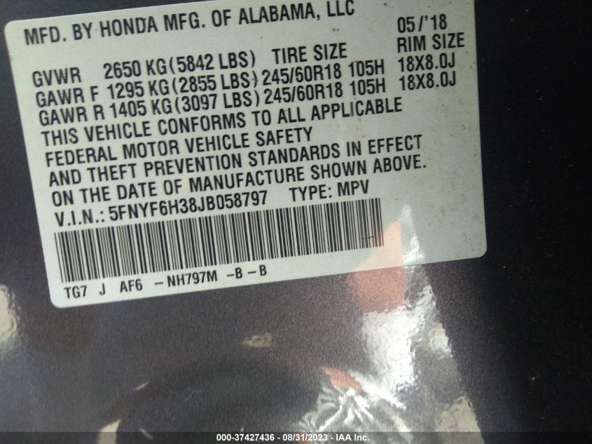 2018 HONDA PILOT EX - 5FNYF6H38JB058797