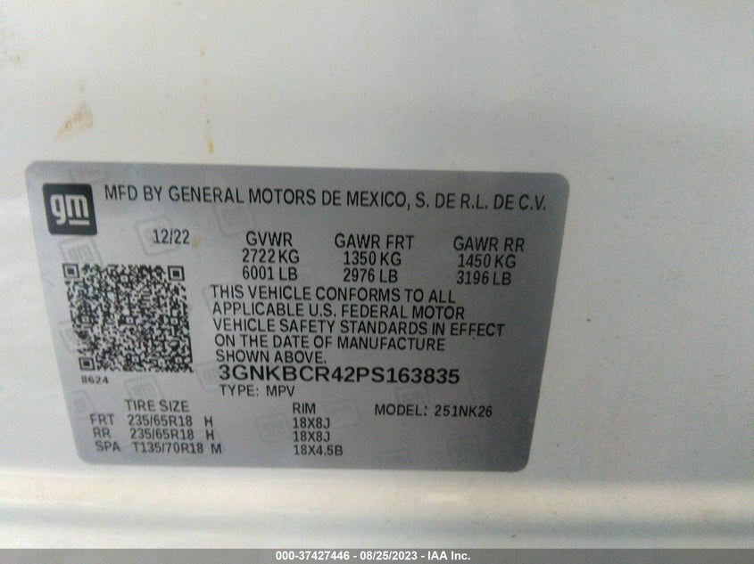 VIN 3GNKBCR42PS163835 2023 CHEVROLET BLAZER LT