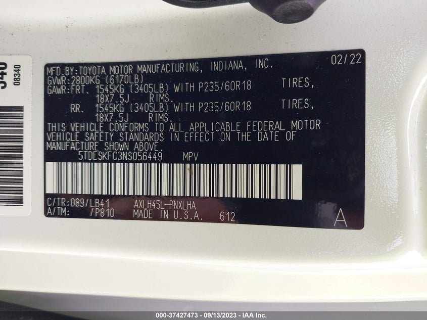 VIN 5TDESKFC3NS056449 2022 TOYOTA SIENNA PLATINUM