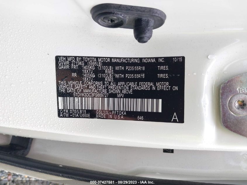 2015 TOYOTA SIENNA XLE/XLE AAS/LTD - 5TDYK3DC3FS669727