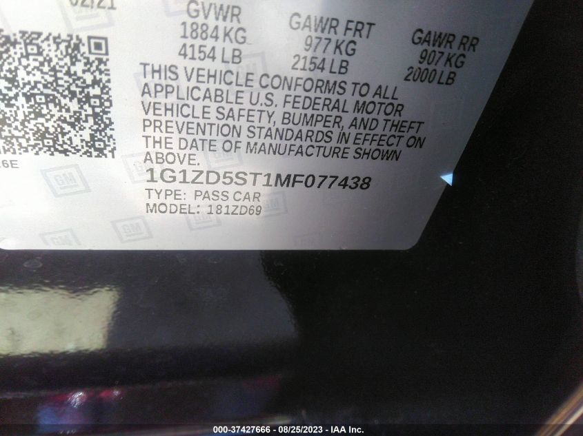 2021 CHEVROLET MALIBU LT - 1G1ZD5ST1MF077438