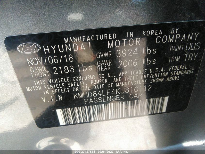 2019 HYUNDAI ELANTRA SEL - KMHD84LF4KU810112