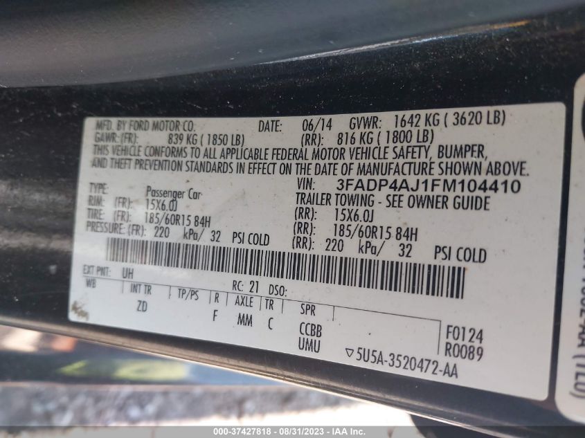 2015 FORD FIESTA S - 3FADP4AJ1FM104410