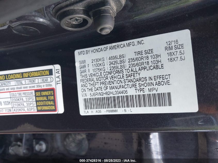 2017 HONDA CR-V EX-L - 5J6RW2H82HL004406