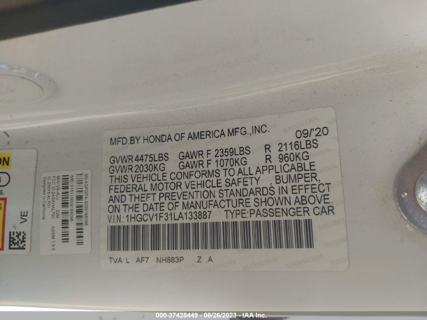 2020 HONDA ACCORD SEDAN SPORT - 1HGCV1F31LA133887