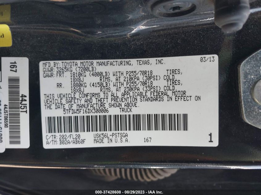 2013 TOYOTA TUNDRA 4WD TRUCK 5TFDW5F16DX300006