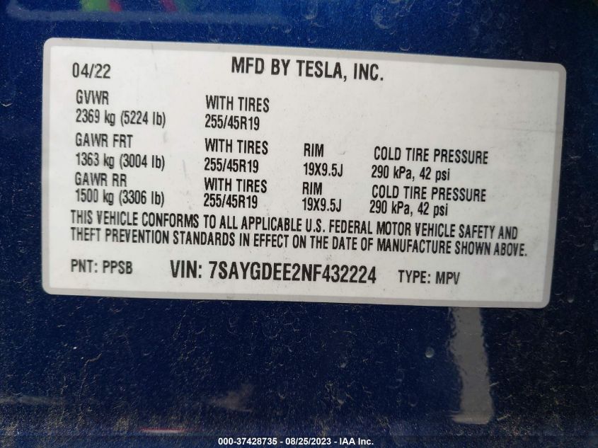 VIN 7SAYGDEE2NF432224 2022 TESLA MODEL Y LONG RANGE