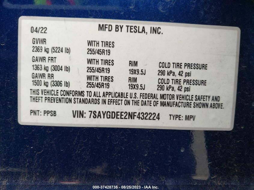 7SAYGDEE2NF432224 Tesla Model Y LONG RANGE 9