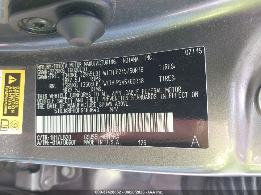 2015 TOYOTA HIGHLANDER XLE - 5TDJKRFH0FS189643