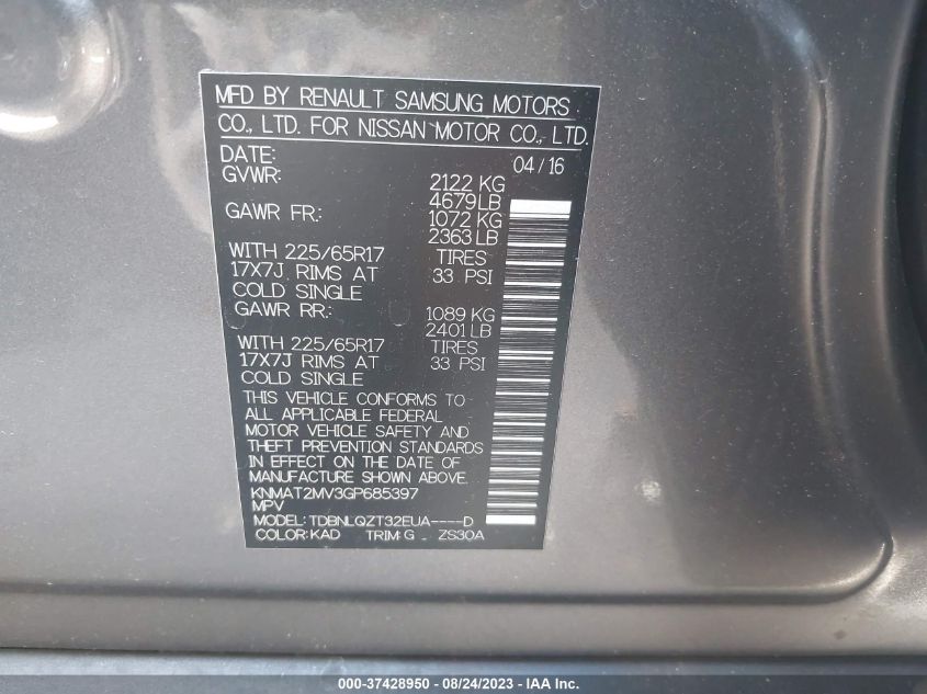 2016 NISSAN ROGUE SV - KNMAT2MV3GP685397