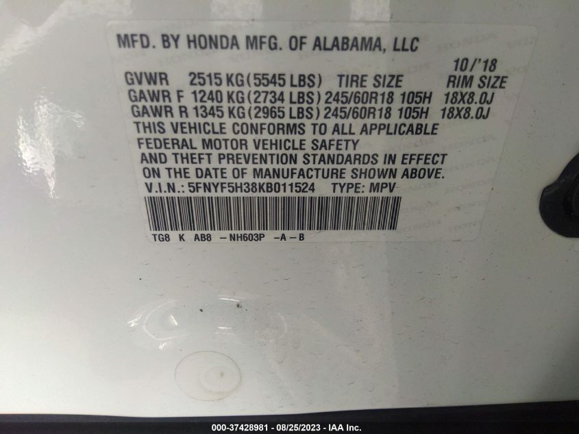 2019 HONDA PILOT EX - 5FNYF5H38KB011524