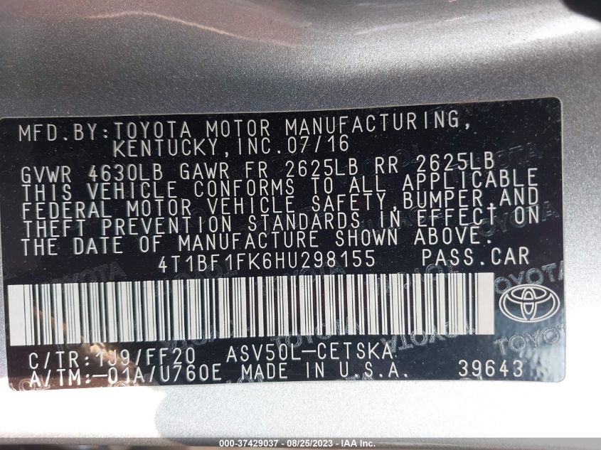 2017 TOYOTA CAMRY XLE/SE/LE/XSE - 4T1BF1FK6HU298155