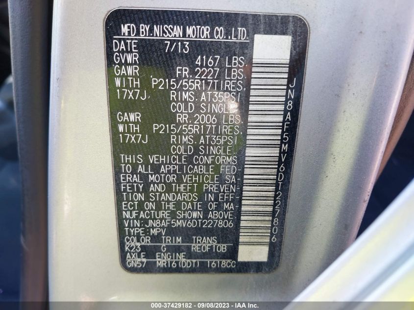 2013 NISSAN JUKE S/SV/SL - JN8AF5MV6DT227806