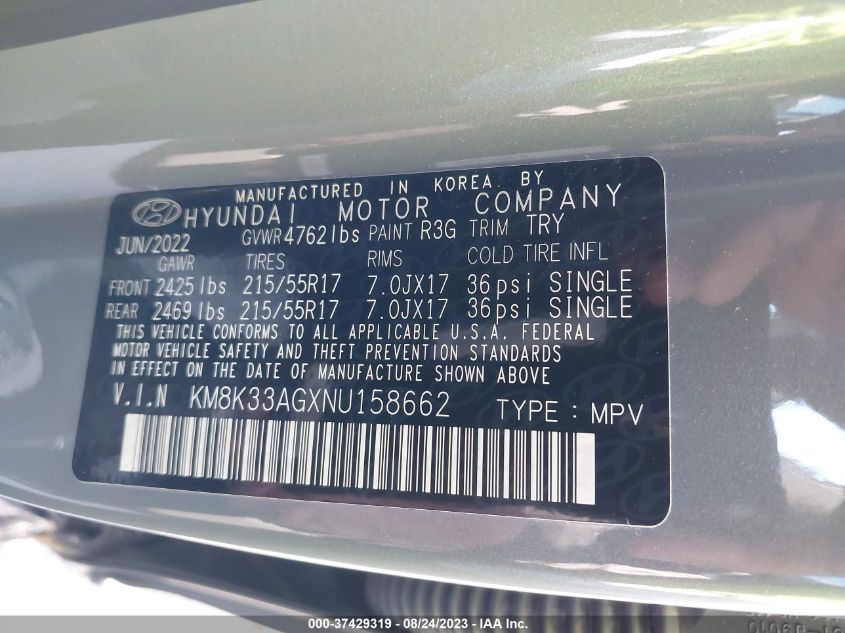 KM8K33AGXNU158662 Hyundai Kona Electric SEL 9