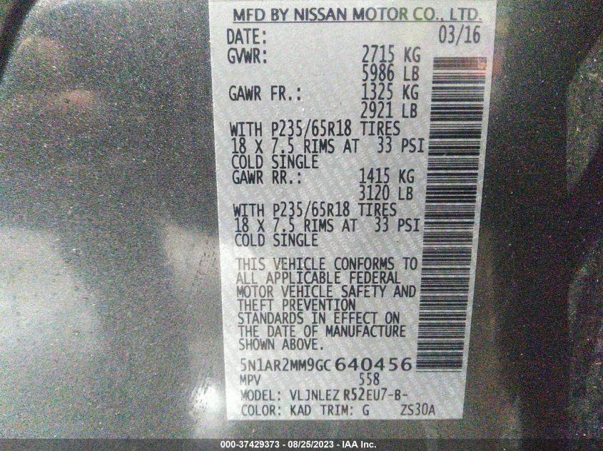 2016 NISSAN PATHFINDER PLATINUM/SV/SL/S - 5N1AR2MM9GC640456