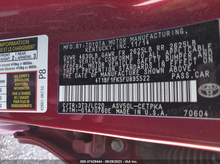2015 TOYOTA CAMRY XLE/SE/LE/XSE - 4T1BF1FK5FU895522
