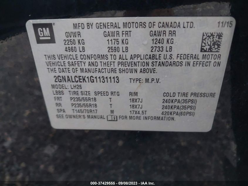 2016 CHEVROLET EQUINOX LT - 2GNALCEK1G1131113