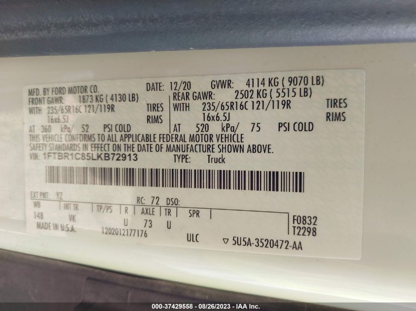 2020 FORD TRANSIT CARGO VAN - 1FTBR1C85LKB72913