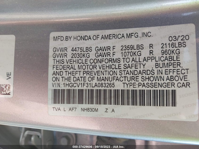 VIN 1HGCV1F31LA083265 2020 HONDA ACCORD SEDAN SPORT