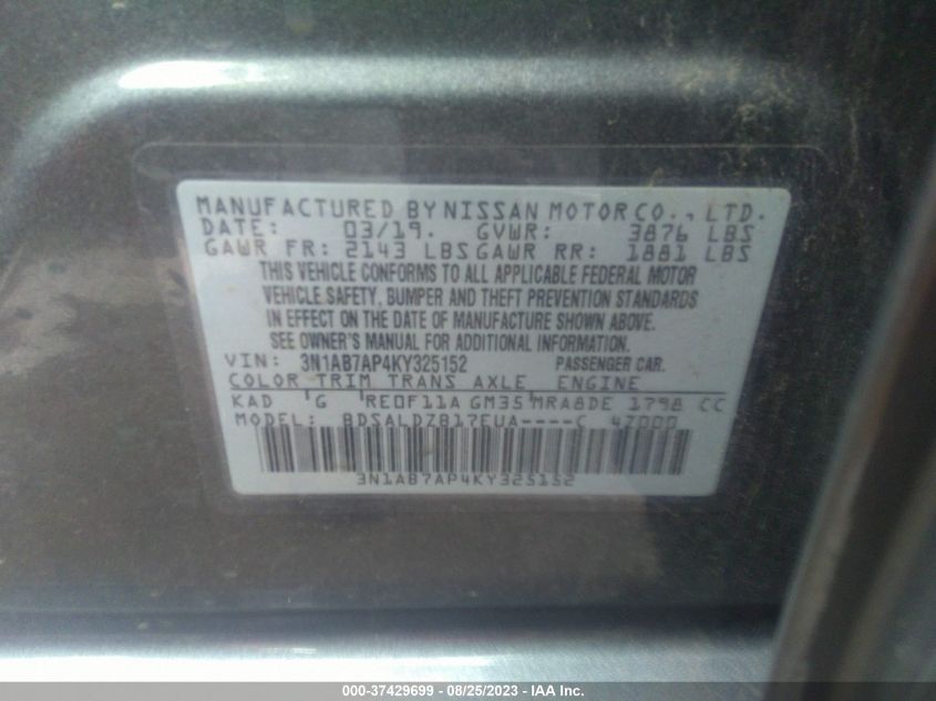 2019 NISSAN SENTRA SV - 3N1AB7AP4KY325152