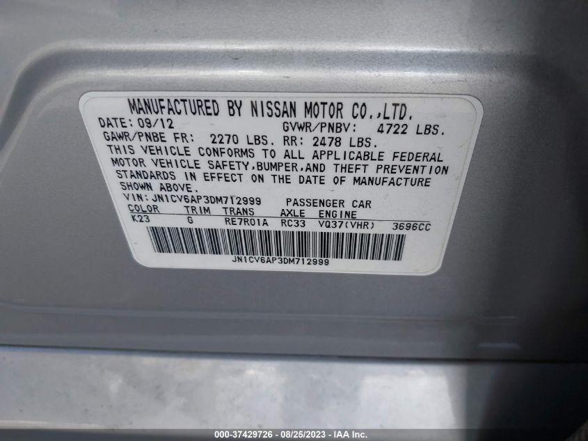 2013 INFINITI G37 SEDAN JOURNEY JN1CV6AP3DM712999