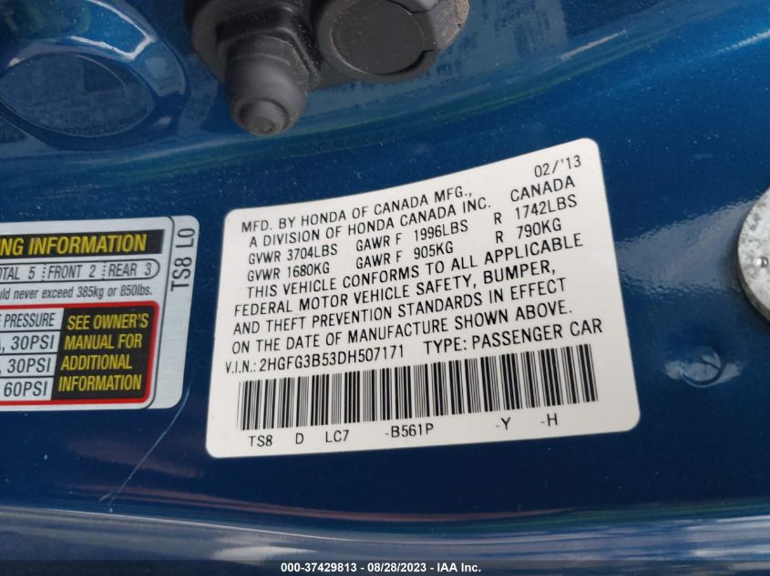 2013 HONDA CIVIC CPE LX 2HGFG3B53DH507171