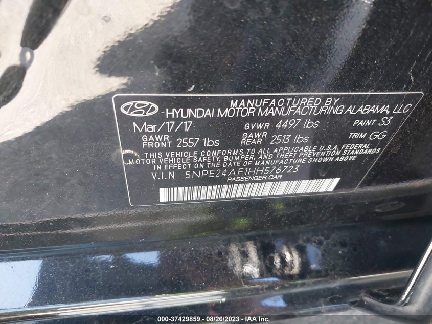 VIN 5NPE24AF1HH576723 2017 HYUNDAI SONATA SE