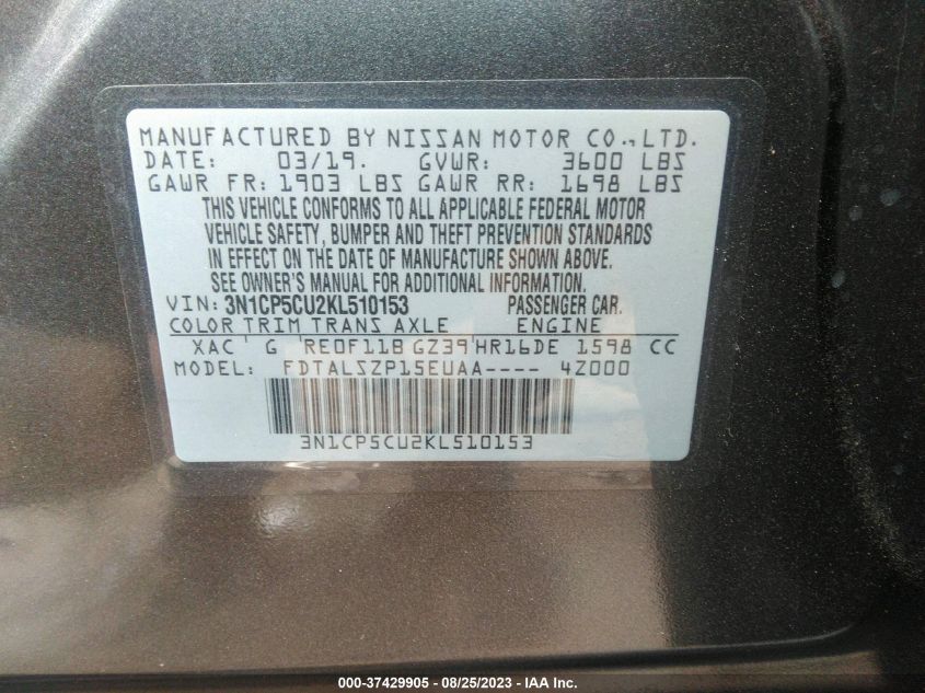 2019 NISSAN KICKS SV - 3N1CP5CU2KL510153