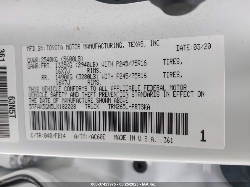 2020 TOYOTA TACOMA 2WD SR/SR5 5TFAX5GN5LX182028