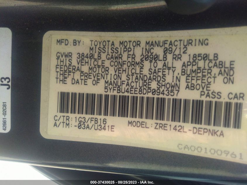 2013 TOYOTA COROLLA L/LE/S - 5YFBU4EE8DP094357