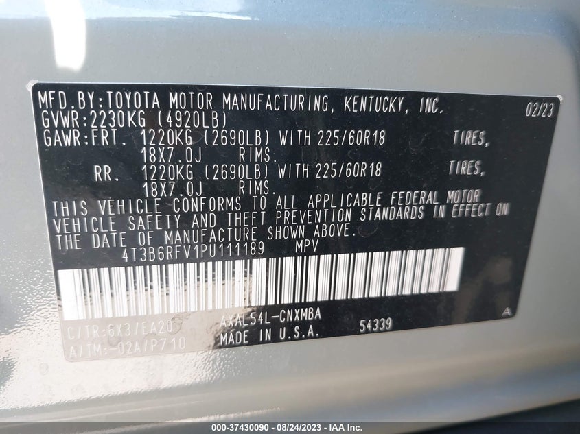 VIN 4T3B6RFV1PU111189 2023 TOYOTA RAV4 HYBRID XLE PREMIUM