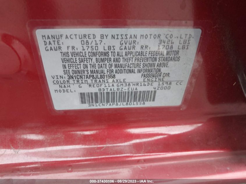 2018 NISSAN VERSA 1.6 SV - 3N1CN7AP8JL801558