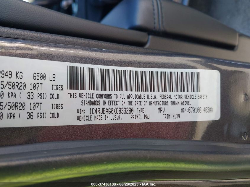 2019 JEEP GRAND CHEROKEE ALTITUDE - 1C4RJEAG0KC833280