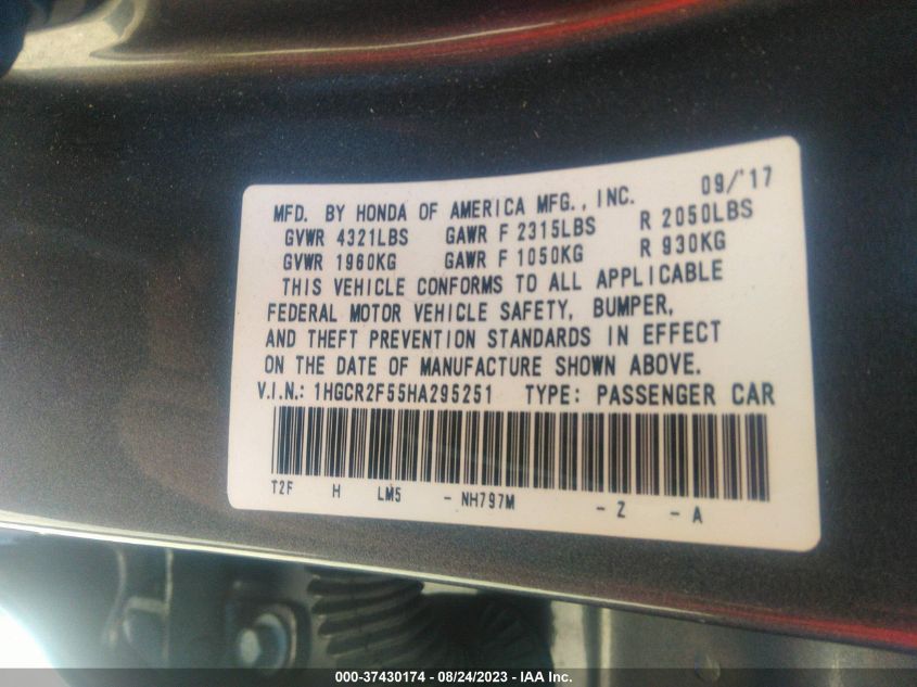 2017 HONDA ACCORD SEDAN SPORT - 1HGCR2F55HA295251
