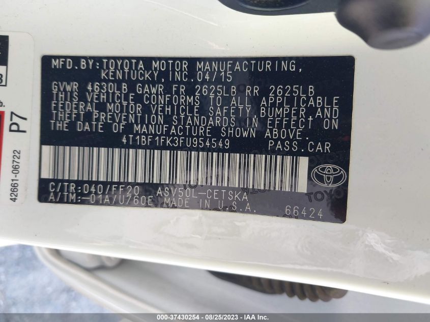 2015 TOYOTA CAMRY XLE/SE/LE/XSE - 4T1BF1FK3FU954549
