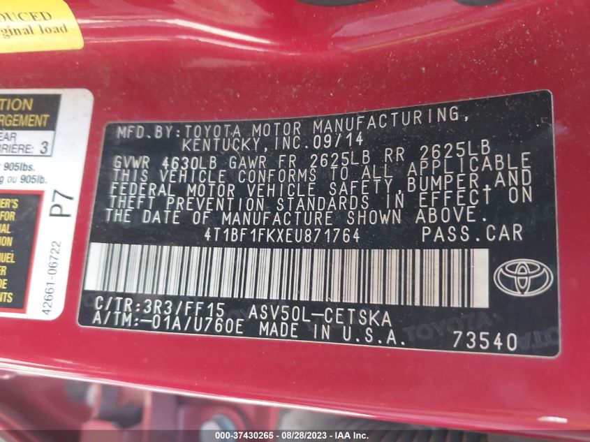 2014 TOYOTA CAMRY L/SE/LE/XLE - 4T1BF1FKXEU871764
