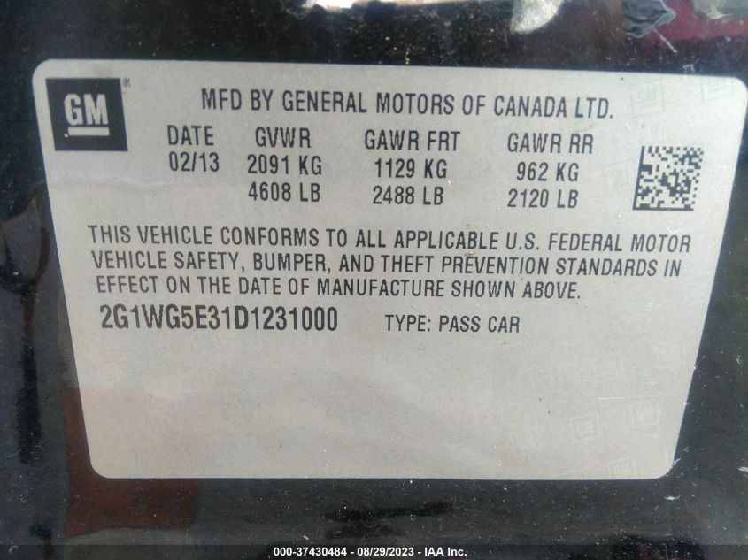 2013 CHEVROLET IMPALA LT - 2G1WG5E31D1231000