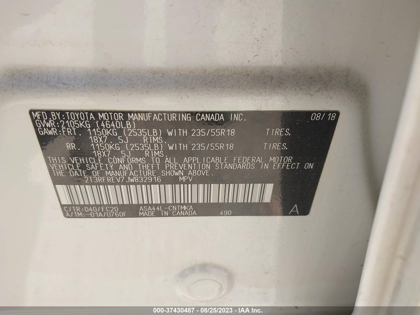 VIN 2T3RFREV7JW832916 2018 TOYOTA RAV4 XLE/ADVENTURE