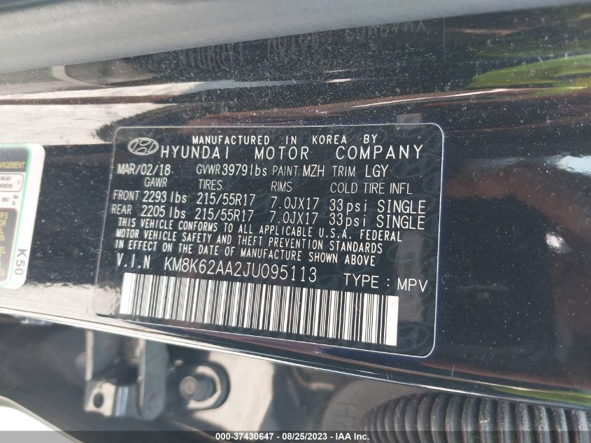 2018 HYUNDAI KONA SEL - KM8K62AA2JU095113