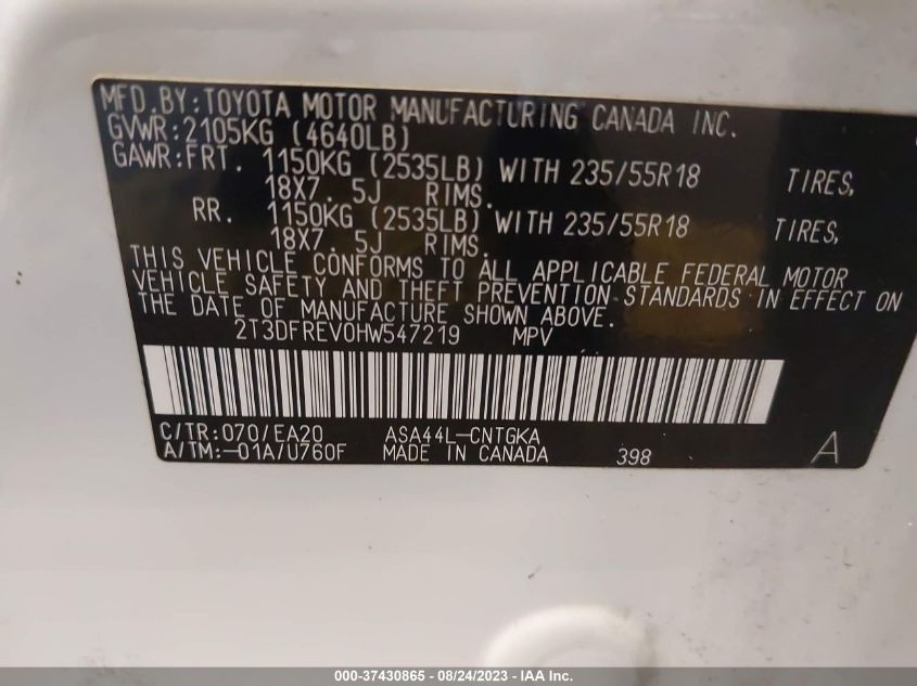 2017 TOYOTA RAV4 LIMITED/PLATINUM - 2T3DFREV0HW547219
