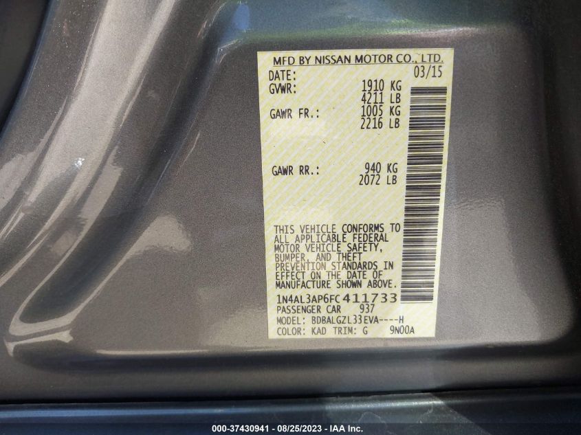 2015 NISSAN ALTIMA 2.5/S/SV/SL - 1N4AL3AP6FC411733