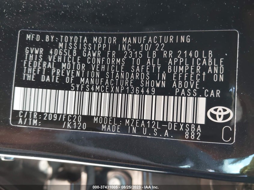 VIN 5YFS4MCEXNP136449 2022 TOYOTA COROLLA SE/SE NIGHTSHADE/APEX SE